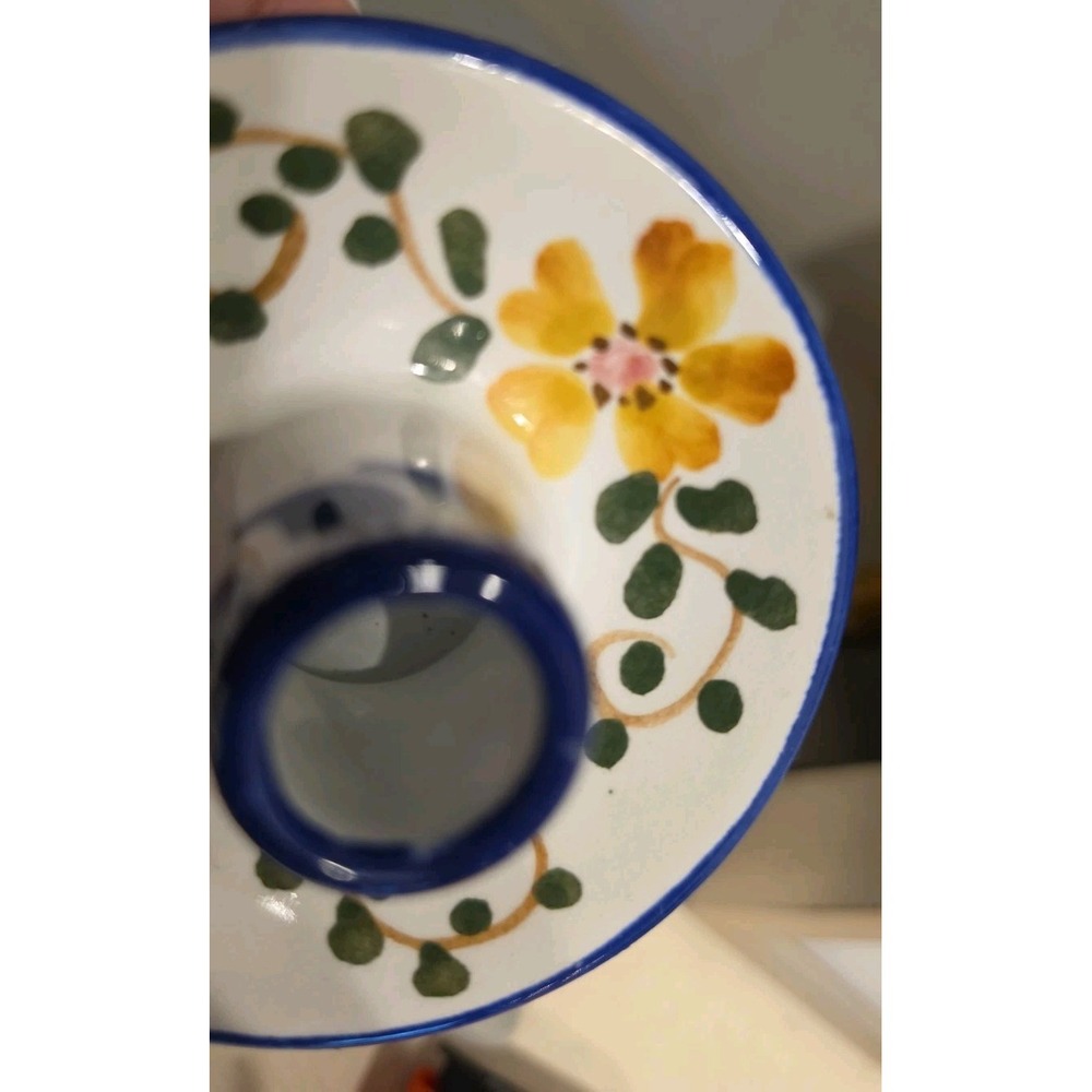 VTG Spanish Glazed Pottery Candle Holders Pair Hand Painted Floral Cuenca Spain - Picture 3 of 9